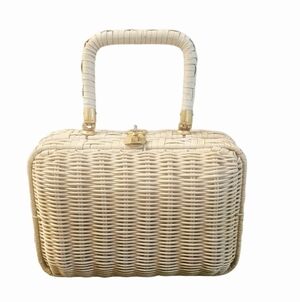 Vintage LESCO LANA 1950s Coated Wicker Handheld Purse. White. Gold Hardware